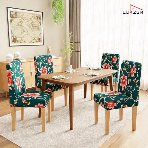 Image of Lukzer 1PC Blue Flower Stretchable Dining Chair Cover | Universal Fit Removable Washable Slipcover | 140 GSM Polyester + Spandex | Elastic Protective Cover for Home & Hotel Chairs Seat Slipcover