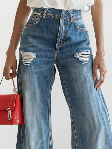 Flamingals High Waisted Wide Leg Jeans for Women Trendy Ripped Distressed Raw Hem Flare Baggy Jean4