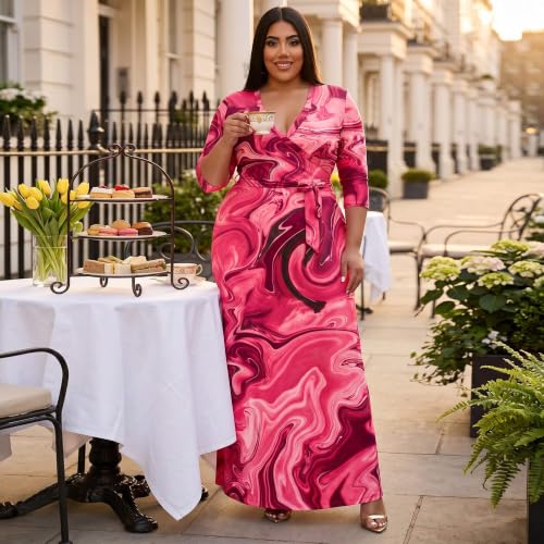 Image of Runwind Plus Size Dresses for Women Floral Maxi Dress Flowy 3 /4 Sleeve with Belt