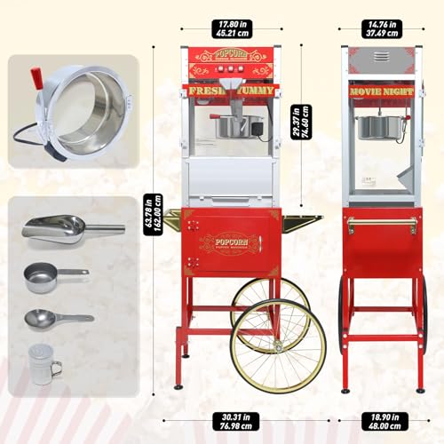 Image of 20 oz Commercial Popcorn Machine Cart - Classic Red Movie Theater Style Popcorn Maker with Storage Stand and Wheels for Home, Parties and Concession Stands