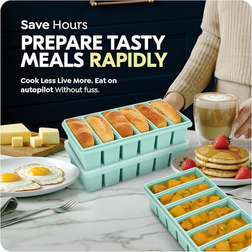 Image of 1 /2 Cup Silicone Freezer Molds with Lid, Soup Container Style Ice Cube Trays for Freezer - Reinforced Steel Ring Top for freezing Soup Sauce Broth Leftovers, Dishwasher & Oven Safe, BPA Free 2 Pack