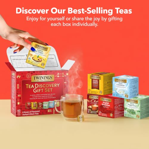 Image of Twinings Tea Discovery Gift Set, Black & Herbal Variety Pack, 6 Mini Boxes | Includes English Breakfast, Earl Grey, Chai, Pure Peppermint, Pure Camomile, and Lemon & Ginger, 60 Individual Teabags