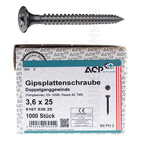 ACP Schnellbauschrauben Feingewinde 3,6 x 25 mm - 1000 Stück, PH 2, Gipsplattenschrauben mit Doppelganggewinde, phosphatiert