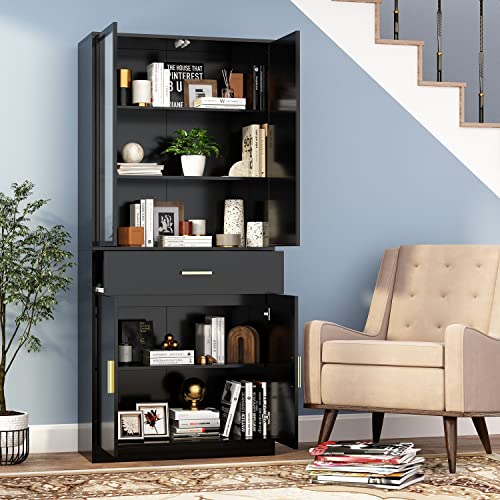 Didugo Storage Cabinet With 3-Tier Shelves & Iron-Framed Glass Doors, Bookcase Display Cabinet With Drawer, Pop-Up Design, For Living Room Hallway Black (31.5”W X 13.8”D X 70.9”H) #TOP1