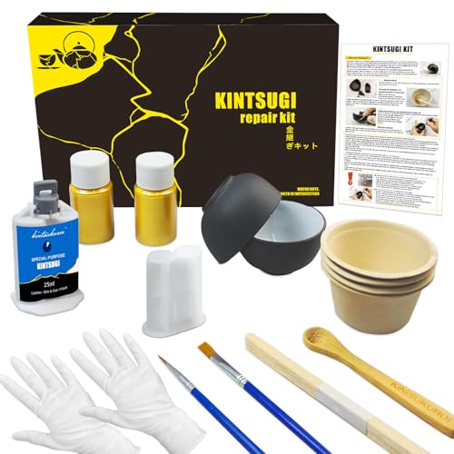 Product Image of the Kintsugi Repair Kit, Repair Your Meaningful Pottery with Kintsugi Gold Glue - Kintsugi Kit Comes with Two Practice Ceramic Cups for Starter Practice