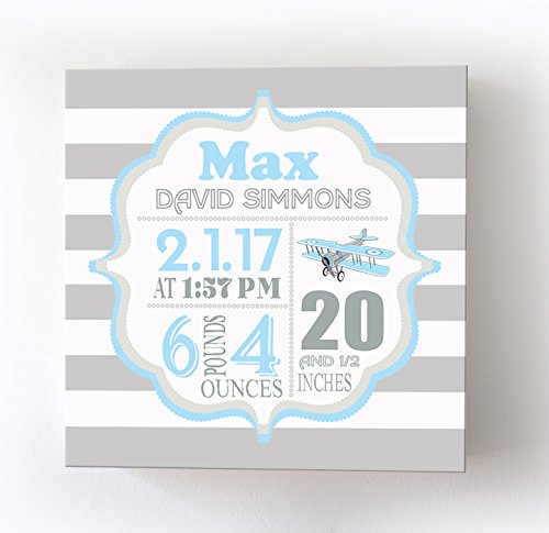 Personalized Stretched Canvas Birth Announcement Gift, Custom Baby Name, Date, Weight Stats, Newborn Airplane Nursery Wall Art Decor, Wooden Frame Construction, Ready to Hang 16X16