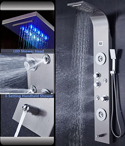 Panel de ducha con torre de cuerpo en acabado níquel cepillado con LED, sistema de masaje y jets de agua tipo cascada miniatura 3