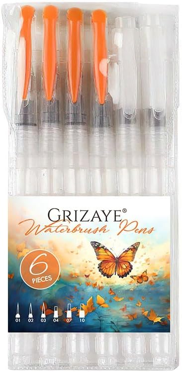 Grizaye Waterbrush Pens Set of 6 Refillable for Painting with Water, OMS, or Ink
