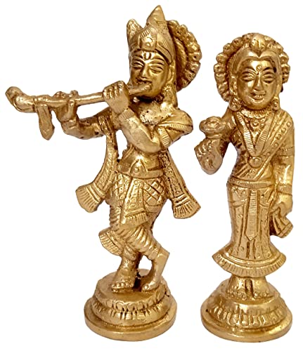 Purpledip Brass Idol Set Radha Krishna: Collectible Statue For Home Temple (12407A), Gold