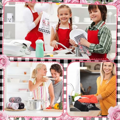 Image of VitalCozy 6 Pcs Lavender Summer Kitchen Towel Set Funny Housewife Farmhouse Rustic Bath Hand Towel for Holiday Bathroom Gift, 24 x 16 Inches (Black and White,Pink Rose)