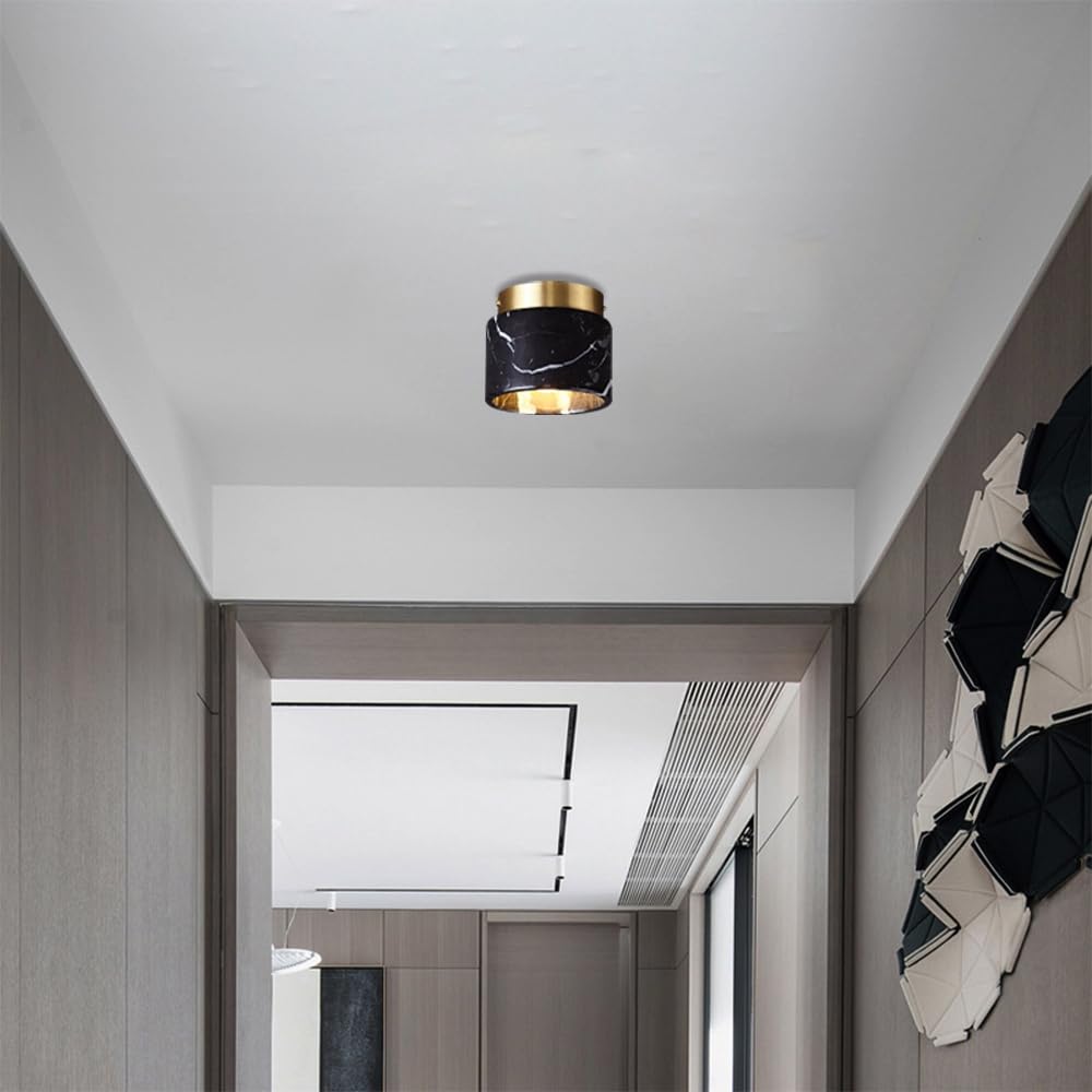 Nordic Marble Ceiling Light Cylindryczna Sufitowa Do Wejścia, Do Korytarza, Mosiężna Sufitowa Do Korytarza I Ganku, Mała Sufitowa Z Marmurowym Abażurem/Czarny