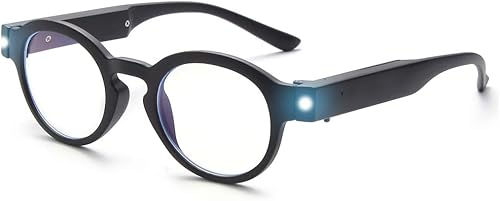 OuShiun Gafas de lectura con luz LED brillante, bloqueo de luz azul, antifatiga ocular, redondas, para la noche (negro, 1.5)