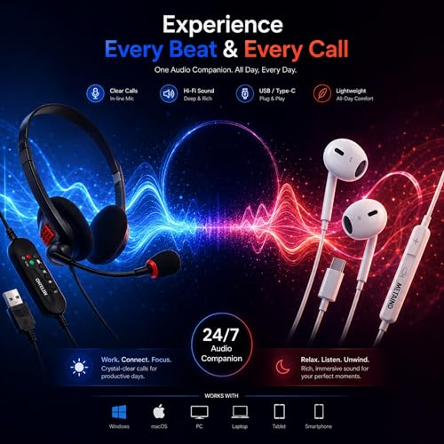 Image of Metaind USB Headset with Mic Meta MT440 for PC & Laptop and CT100 Type-C Earphone Combo for Calling, Online Classes, Meetings & Work from Home