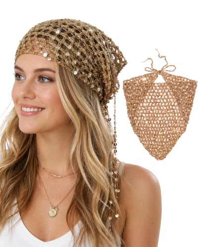 Sequin Crochet Hair Bandanas for Women, Knit Head Scarf Bandana H...
