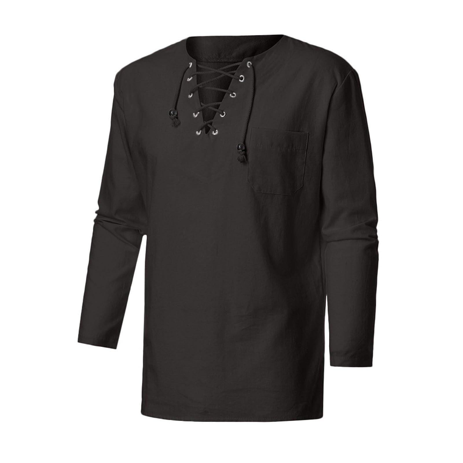 Pirate Costume Linen Shirt Black Halloween Costumes Men Men's Medieval Nordic Renaissance Captain Top Outfits Collarless Shirts for Hat Adult October Festival Mens a-Black M โ image 1