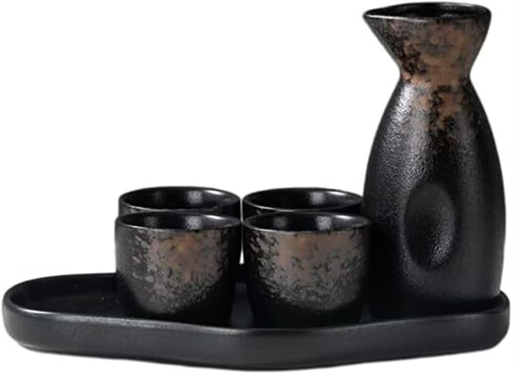Vintage Sake Set,Japanese Traditional Ceramic Sake Serving Sets 6Pieces, Pottery Sake Bottle and 4 Cups,1Tray,Ideal for Sake (A)