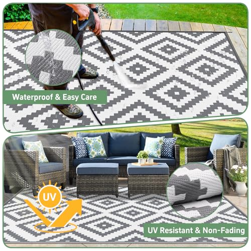 Habaylin Outdoor Teppich Wetterfest, Wendbarer Balkon Teppich 120x180 cm, Leichtgewicht Picknickdecke Vorzeltteppich für Camping Terrasse Garten, Grau