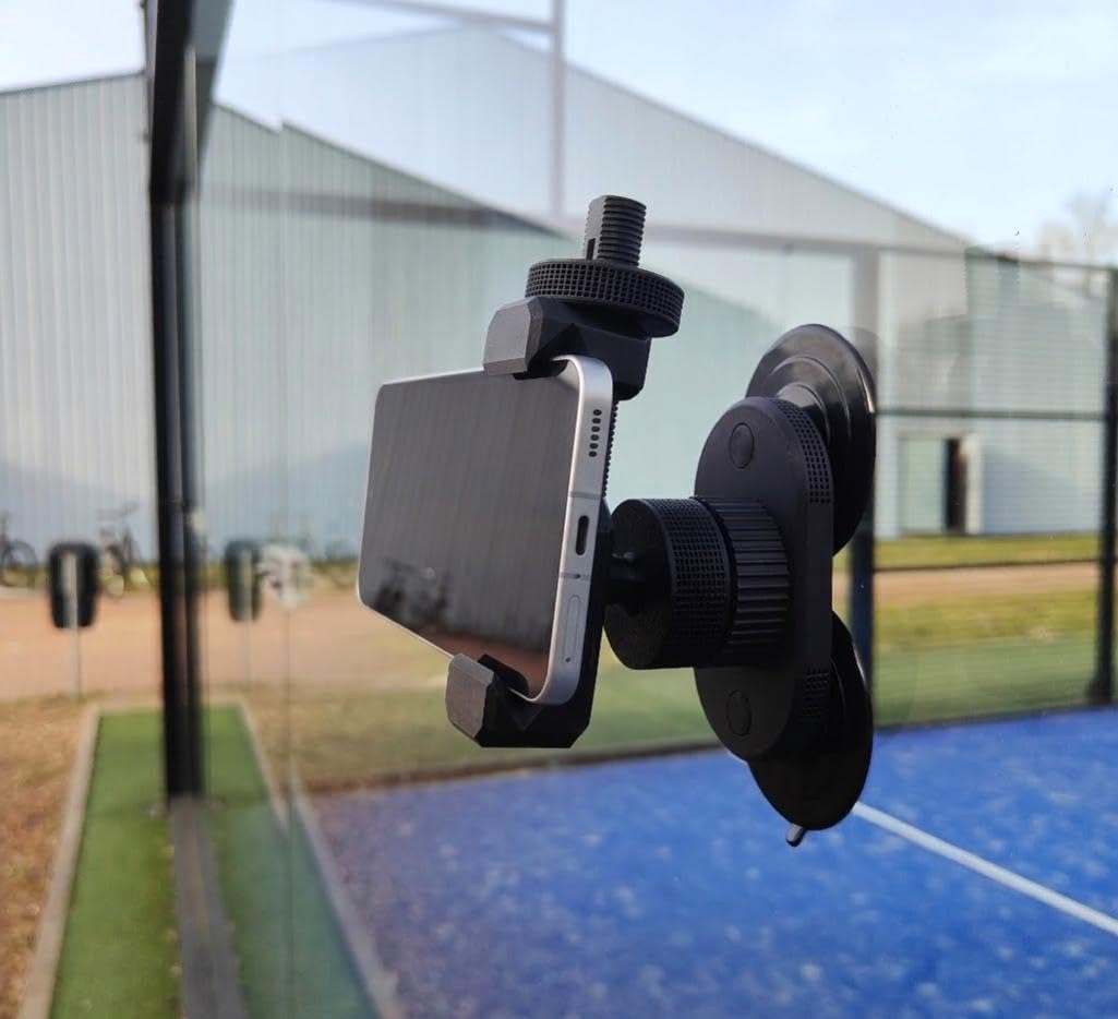 Support de téléphone pour Padel avec ventouse robuste – Support universel pour smartphone pour enregistrement vidéo, entraînement et réseaux sociaux – Rotation à 360° – Compatible avec iPhone, Samsung