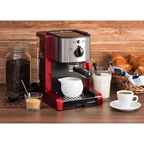 Klarstein Passionata Rossa Espresso Machine, 1350W, Stainless Steel Components, Steam Nozzle for Frothing Milk and Preparing Hot Drinks, 20 Bar, Cherry Red