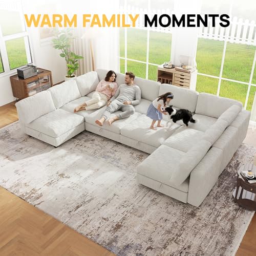 Image of 157 inch Modular Sectional Chenille Sofa bed with Hidden Storage, Comfy Modern 10 Seater Oversized Deep Seat Couch, Modular Sectional with Ottoman and Removable Cover for Living Room, Apartment, Beige