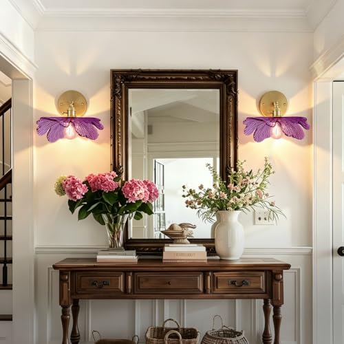 Image of Bathroom Vanity Light Flower Glass Wall Sconce 1-Lights Mid Century Modern Wall Light Fixture Purple Shade Gold Brass Sconce Hardwired Vintage Wall Lamp for Over Mirror Living Room