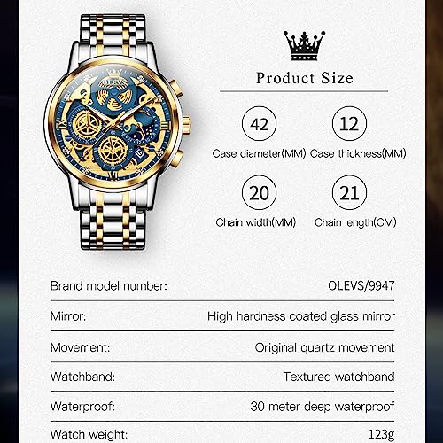 Image of OLEVS Skeleton Watch for Men Stainless Steel Chronograph Watch for Men Classic Waterproof Mens Watches with Date Luxury Business Men's Analog Wrist Watches, relojes para Hombres Blue /Black /Gold /White