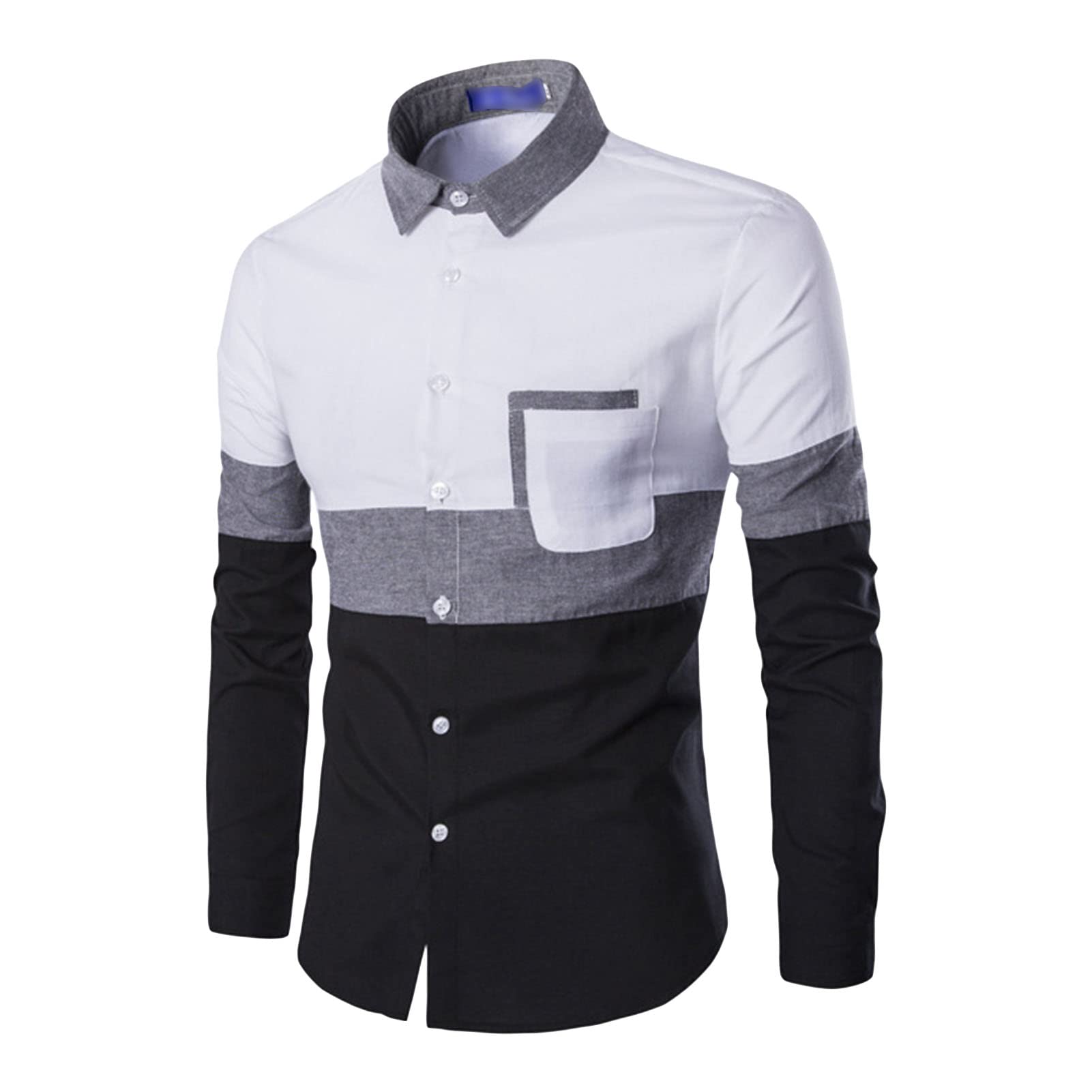 Men's Long Sleeve Stylish Dress Shirts Patchwork Casual Button Down Shirts Regular Fit Turn-Down Collar Shirt Top (White,Large)