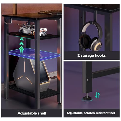 Rolanstar L-Shaped Gaming Desk with LED Lights, Power Outlets, Corner Computer Desk with Storage Shelves - PC Writing Table for Home Office, Black (135x135x86cm) - Image 7