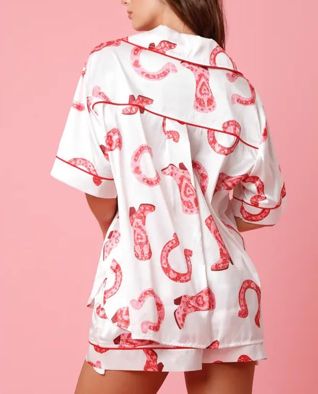 Image of LILTWIST Women Cowboy Boots Pajamas Cute Silk Satin Heart Bow Western Pjs Y2k Short Sleeve Cowgirl Shirts and Pj Shorts Sets