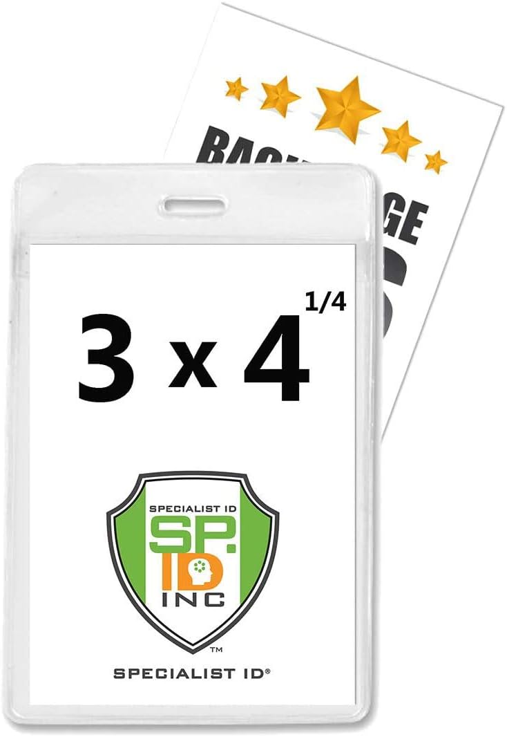 Bulk 25 Pack - Clear 3X4 Badge Holder with 2 Pockets - Heavy Duty Vertical Vinyl ID Card Protector Sleeves - Front & Back Window Pouches for Two I’d - Trade Show, Conference, Events by Specialist ID