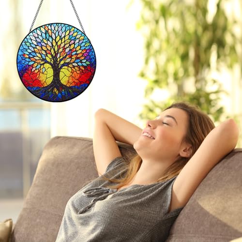 Remiawy Stained Glass Window Hanging, 8 Inch Life Tree with Metal Chain and Hooks Large Colorful Indoor Window Glass Panel Art Home Decor Gift for Women Christmas Mother's Day — view 6