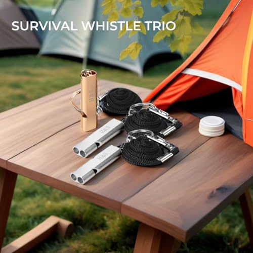 H&S Survival Safety Whistles for Outdoor Camping - Set of 3 - Aluminum Emergency Whistles for Sports and Dog Training - Whistle with Lanyard and Chain Belt for Boating - Thumbnail 5
