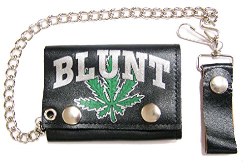 BLUNT LEAF Mens Biker Leather Tri-fold Wallet with Chain