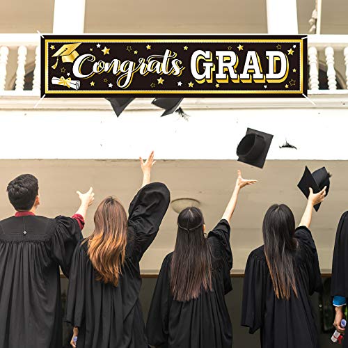 Image of Black Graduation Banner 2025 Congrats Grad Banner Graduation Party Decorations Fabric Grad Backdrop for 2025 High School or College Graduates Party Supplies