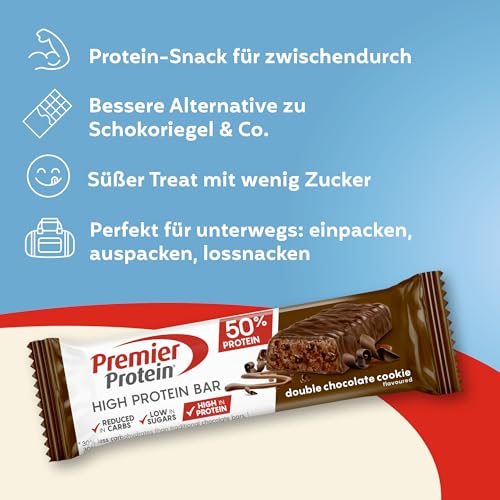 Premier Protein - High Protein Bar 50% - Double Chocolate Cookie - 16x40g - Low Sugar - Low Carb - palmölfrei