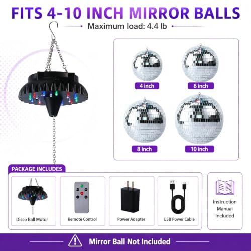 Image of Rechargeable Disco Ball Motor Light: 4000 mAh Battery Disco Ball Spinner | Rotating Mirror Ball Motor Fits 4-10 Inch Mirror Balls - 18 RGBW LEDs 0 /5 /10 /15 RPM 5 Modes for Party Wedding Ceiling Decor