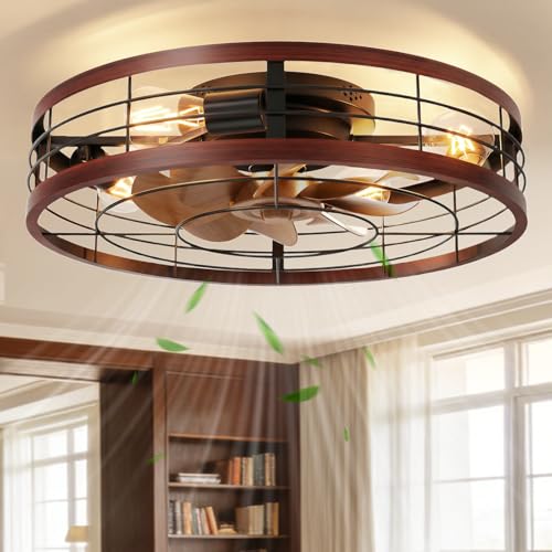 Image of VOLISUN Farmhouse Caged Ceiling Fans with Lights Flush Mount, 23.6'' Rustic Low Profile Ceiling Fan with Light and Remote, Bladeless Fandelier Ceiling Fans with Lights for Kitchen, Bedroom(Wood)
