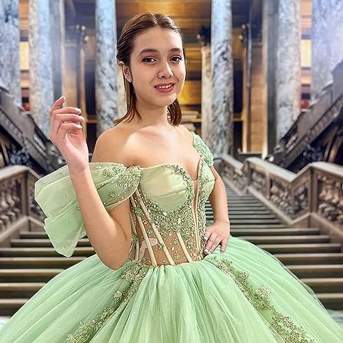 Glittering Green Sweetheart Quinceanera Dress Off Shoulder Beading Floral Applique Ball Gown3