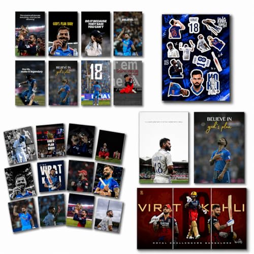 Image of Virat Kohli Gift Merchandise | 10 Premium Posters, 13 Stickers, 12 Photocards & 1 Split Poster | Aesthetic Virat Kohli Merchandise Gift Set for Cricket Fans | Posters Combo Pack for Room Decor