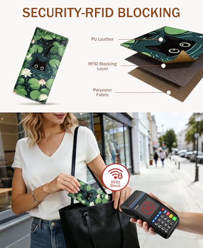 Image of Immaturus Black Cat Leaf Womens Wallet, Slim Thin RFID Blocking Credit Card Wallets, Long Bifold PU Leather Card Holder Organizer, Cute Cash Clutch Billfold with Zipper Coin Pocket Ladies Girls