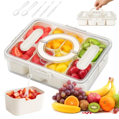 kelav Caja de Snacks con 8 Compartimentos y Cubiertos Incluidos,3 Tenedores y 2 Cucharas,Bandeja Portátil con Tapa Hermética,Para Frutas,Galletas,Frutos Secos,Perfecta para Picnics,Colegio,Oficina​