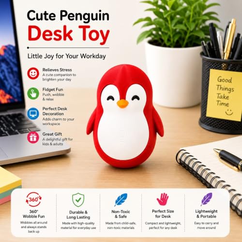 Image of Penguin Roly-Poly Toy, Wobble and Tumble Stress Relief Fidget, Fun Desk Toy for Kids and Adults (Red and White)