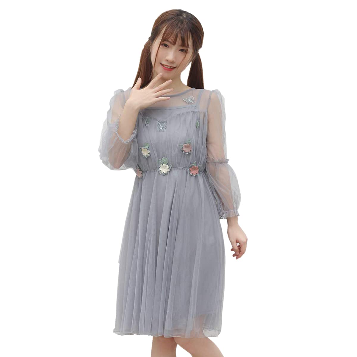 Japanese Lolita Dresses, Sexy Sweet 2 Piece Sets A-Line Flowers Princess Party Dress (Gray)