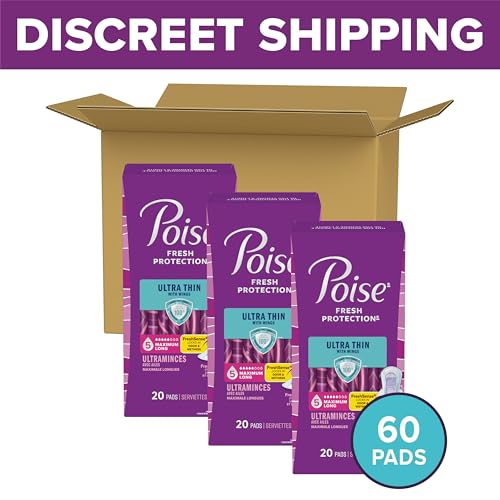 Image of Poise Ultra Thin Incontinence & Postpartum Pads with Wings for Bladder Leaks, 5 Drop Maximum Absorbency, Long Length, Packaging May Vary, 60 Count (Pack of 2)