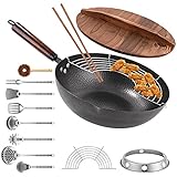 Carbon Steel Wok Pan, 13 PCS Wok Set 13' Stir Fry Pan with Wooden Lid & Handle Chinese Wok with Wok Utensils Cookware Accessories Suitable for All Stoves