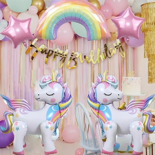 Image of 5 Pcs Self Standing Unicorn Balloons - 3D Rainbow and Star Foil Balloons for Birthday Party Decorations and Supplies (Pack of 2)