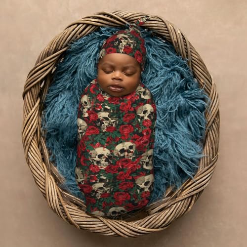 Image of Skull and Red Roses Newborn Swaddle Blankets Hat Sets Soft Baby Receiving Blanket Swaddle Sack for Baby Shower Infant Boy Girl Gift