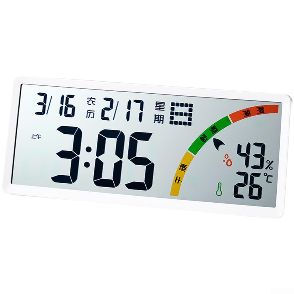 Orologio LCD di grande formato per uso da parete o scrivania, con calendario lunare, temperatura e umidità, allarme e cronometro (8304 bianco)
