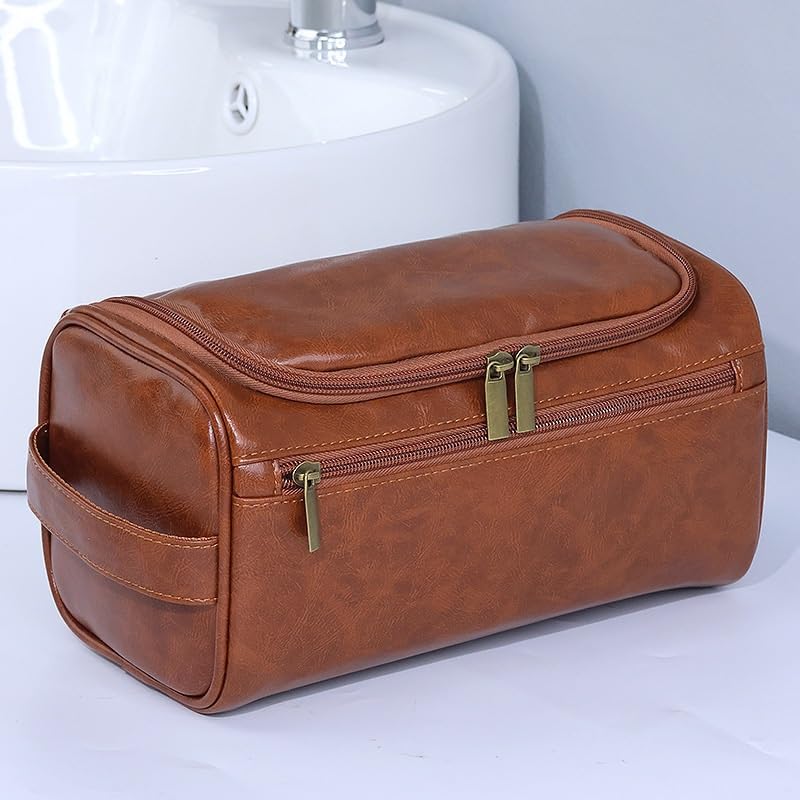 Borsa da Toilette Portatile Borsa da Toilette da Uomo da Viaggio Borsa cosmetica Portatile in Pelle Pu(Brown)