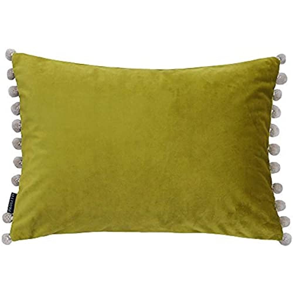 Riva Paoletti Fiesta Rectangular Feather Filled Cushion Green Beige Pompom Edges-Faux Velvet Fabric-Discreet Zip Closure-100 Case (14" x 20" inches), Polyester, Bamboo/Natural, 35 x 50cm